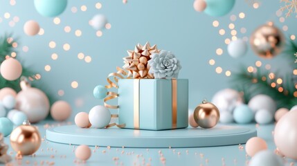 Elegant gift box with golden ribbon on festive background. Celebration, luxury present concept.