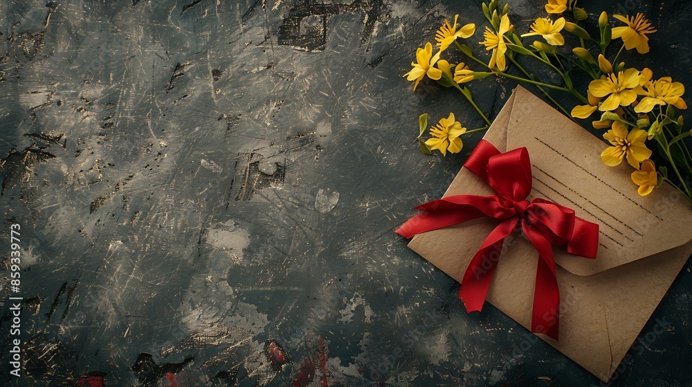 Poster romantic vintage background of blank card envelope yellow flowers and gift wrap with a red bow copy 