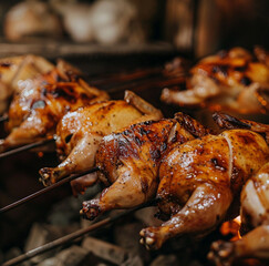 an image of roast chickens standing sideways