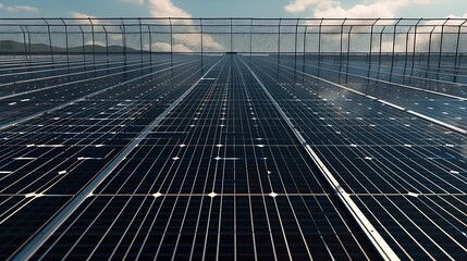 A large solar panel field with a fence in the background The solar panels are arranged in rows and are spread out across the field : Generative AI