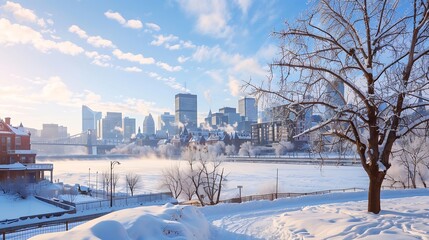 Daylight view of downtown Montreal from Griffintown in winter morning : Generative AI