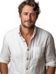 Casual portrait of a young man in a white shirt on a white background. An expression of determination and focus. Studio shot.