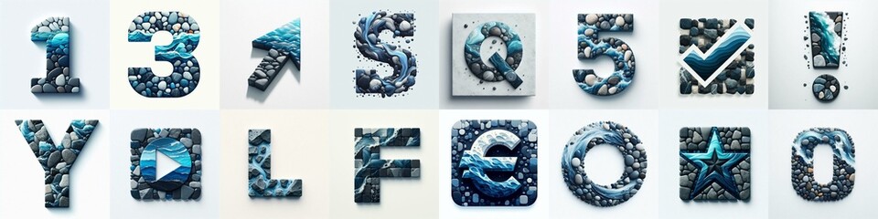 Water and Gray raw stone bricks tiling Lettering Typeface. AI generated illustration