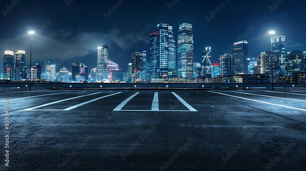 Poster empty parking space in downtown with illuminated modern cityscape and buildings at night : generativ