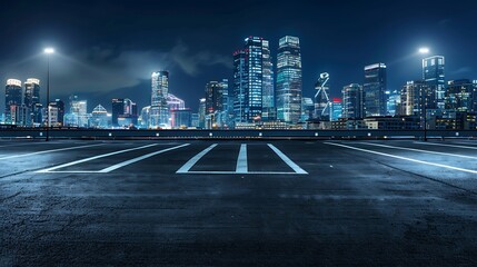 empty parking space in downtown with illuminated modern cityscape and buildings at night : Generative AI