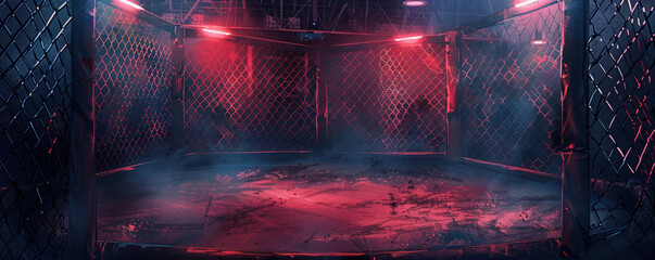Create an illustration of the interior of an empty Mixed Martial Arts ring from an inside perspective. The viewpoint is from one corner of the ring, looking out towards the center. The canvas shows si