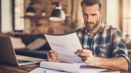 Focused professional reviewing documents at a cozy home office, integrating modern technology with traditional paperwork.