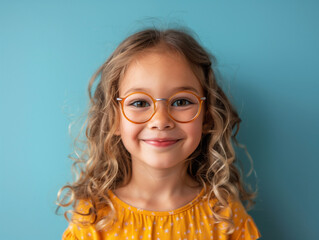 Obraz premium Cheerful Curly Blonde Girl with Big Eyeglasses