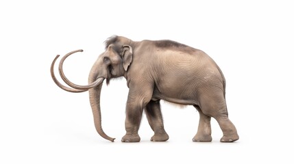 Fototapeta premium Isolated image of a woolly mammoth on a white background, showcasing its characteristic long tusks and thick fur.