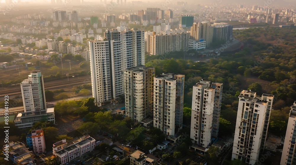 Wall mural aerial view of residential houses and highrise buildings in virar city of palghar district in mahara