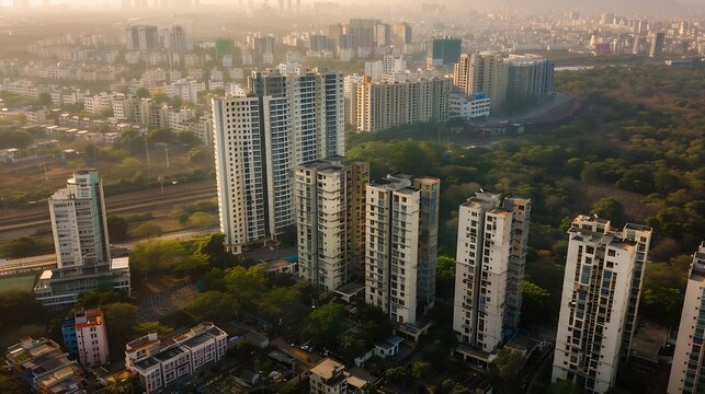 Aerial view of residential houses and highrise buildings in Virar city of Palghar District in Maharashtra Top angle Drone shot houses in a smart city living in India Beautiful Indian c : Generative AI