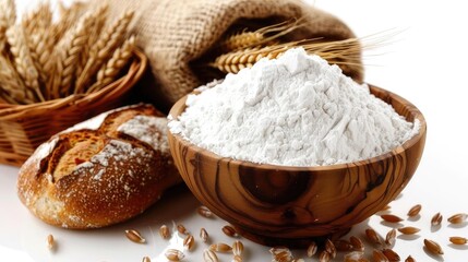 Freshly baked bread loaf, bowl of white flour, and wheat grains on a white background. Rustic and homemade baking concept.