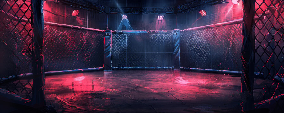 Create an illustration of the interior of an empty Mixed Martial Arts ring from an inside perspective. The viewpoint is from one corner of the ring, looking out towards the center. The canvas shows si