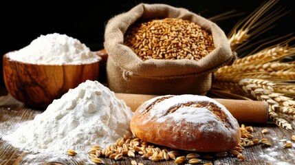 Fototapeta premium Rustic bread with flour and wheat grains on a wooden table, showcasing ingredients and final product in a countryside kitchen setting.