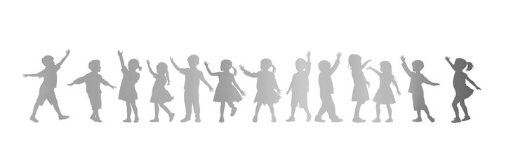Fototapeta premium Silhouettes of children in grey on white background, kids figures in line, dancing, playing, having fun, happy cheerful mood horizontal banner or page divider, lively joyful spirit illustration 