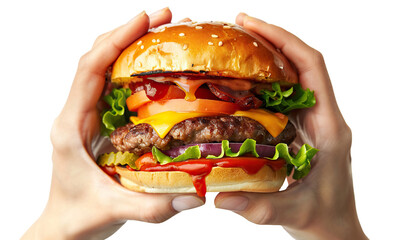 Delicious juicy burger in hands, cut out