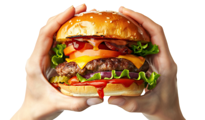 Delicious juicy burger in hands, cut out