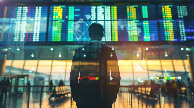 businessman standing back at airport (close up, focus on, copy space) vibrant departure board and signage, double exposure silhouette with travel icons