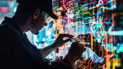 Fototapeta premium electrical engineer working on circuit board (close up, focus on, copy space) colorful wires and components, double exposure silhouette with circuitry 