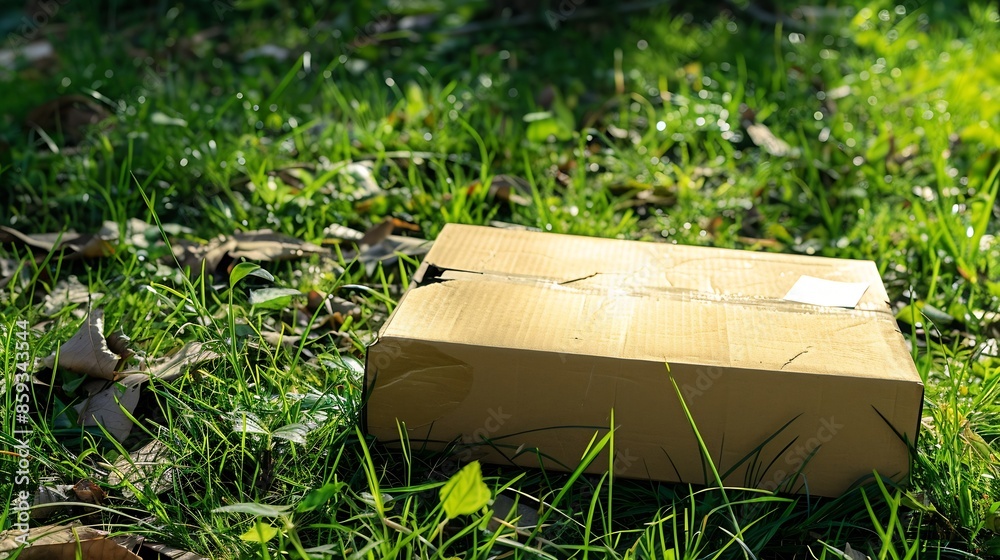 Poster The cardboard box is on the ground The mail is in a box on the green grassSending mailA blank form on a yellow cardboard parcel : Generative AI