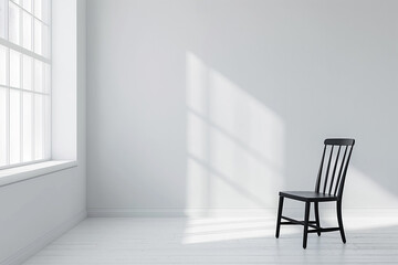 simple black chair in an empty white room with a single light