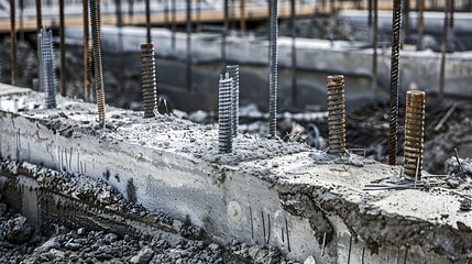 The foundation on reinforced concrete piles and the frame during the construction of a multistorey building Reinforcement of reinforced concrete columns Construction of highrise buildi : Generative AI
