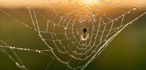 A macro photograph revealing the intricate details of a dew-covered spider web glistening in the soft light of dawn.