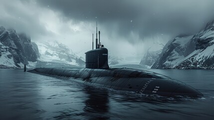 A submarine silently navigates through the dark, cold waters of the Arctic, surrounded by snow-covered mountains, representing solitude, strength, and the unknown nature of submersion.