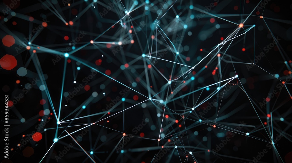 Poster abstract network of colorful connected nodes and lines. digital art of abstract design of lines and 