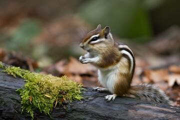 Obraz premium Chipmunk on mossy log blends with forest, engaged in natural woodland environment