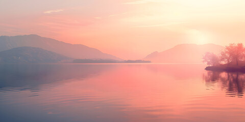Aesthetic 3D visualization of a tranquil lake at sunset, with soft gradients from orange to pink, creating a peaceful and serene atmosphere