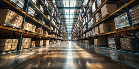 Fototapeta premium A Long Row of Shelving Filled with Cardboard Boxes in a Warehouse