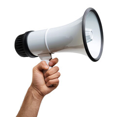 Hand holding white megaphone, cut out