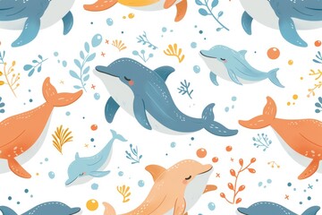 Fototapeta premium dolphin pattern. cartoon doodle character illustration wallpaper design. ai generated