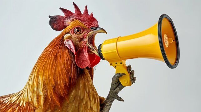 Rooster shouts into a yellow megaphone on an isolated on white background	
