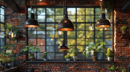 Obraz premium A cozy interior setting with brick walls and warm lighting. The hanging lamps add a unique touch to the style, offering a peaceful and serene environment.
