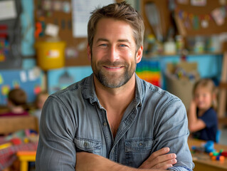 Fototapeta premium Smiling Male Teacher in Elementary School Classroom