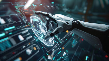 Obraz premium Robot hand pressing on virtual digital screen hologram interface
