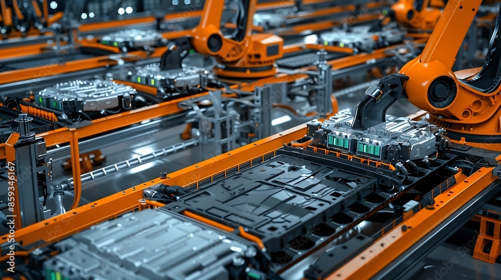 Poster Modern EV Factory On Automated Production Line Robot Arms Transporting Automotive Battery Modules onto Conveyor Belt Electric Car Battery Pack Manufacturing Process : Generative AI