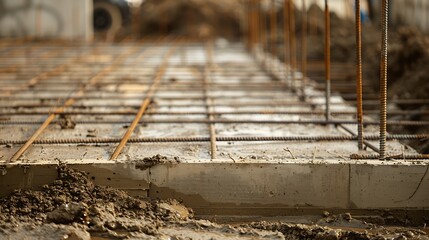 Early stage of construction concrete slab and rebar structures Rebar frames on concrete foundation at a muddy building site : Generative AI