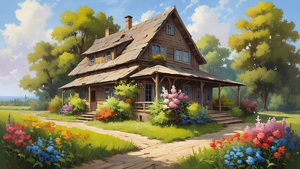 summer landscape with wooden old house beautiful flowers and trees oil painting on canvas