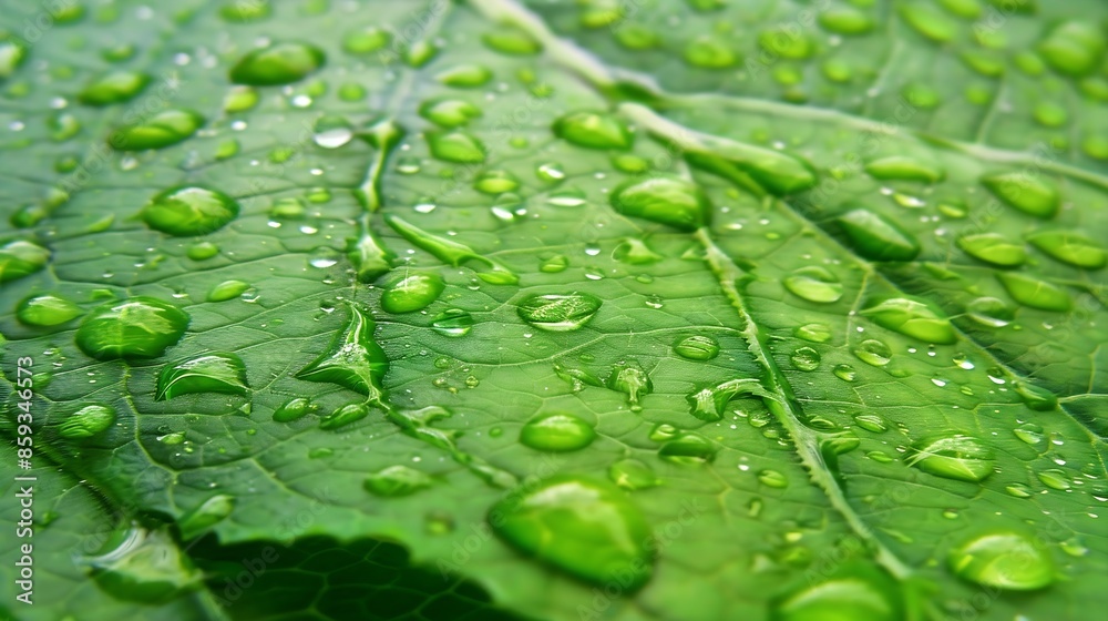 Aufkleber sparkling rain drops covering the surface of a large green leaf : generative ai