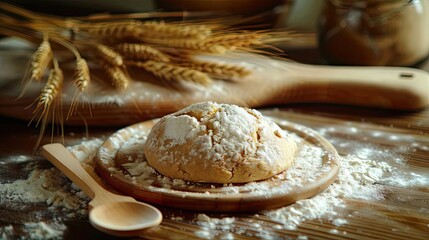 Freshly baked bread with flour and wheat in a rustic kitchen setting, showcasing culinary art and home baking atmosphere.