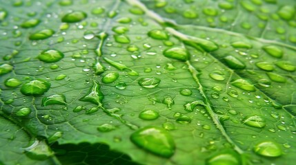 Sparkling rain drops covering the surface of a large green leaf : Generative AI