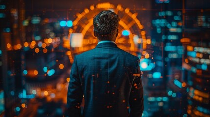A man is depicted from the back, observing a digital interface with glowing patterned lights in an urban setting, symbolizing insight into technology and innovation.