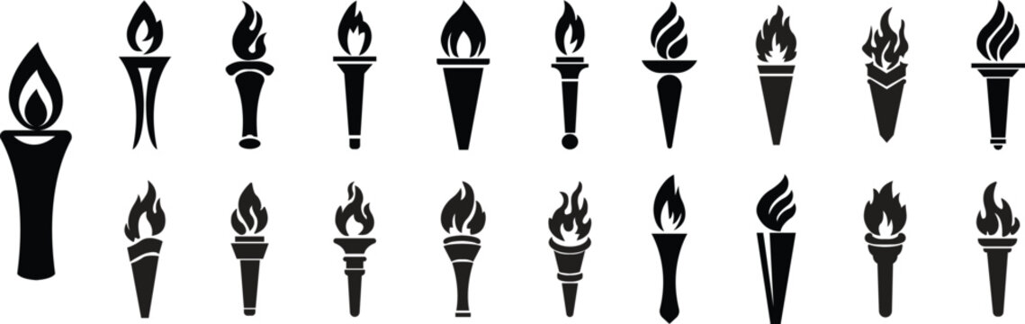 Torch and flames icons Set in fill styles. The symbols of victory, success or achievement. Olympic burning torch in the Eiffel Tower. World Games for apps, websites isolated on transparent background.