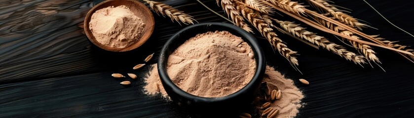 Close-up of flour in bowls and wheat stalks on dark wooden surface, highlighting natural ingredients and rustic kitchen atmosphere.