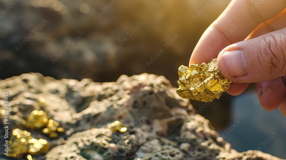 Wall mural Closeup of a Large Gold Nugget Shining with Natural Luster in a Pristine Geological Setting, Symbolizing Wealth and Natural Resources - Wall murals