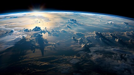 Earth From Space With Clouds And Golden Sunlight