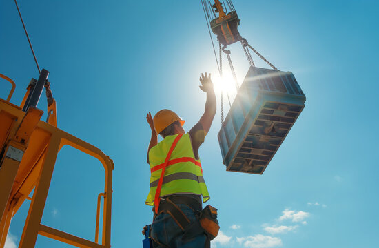 rigger,worker on a construction site,hand gesture to a crane